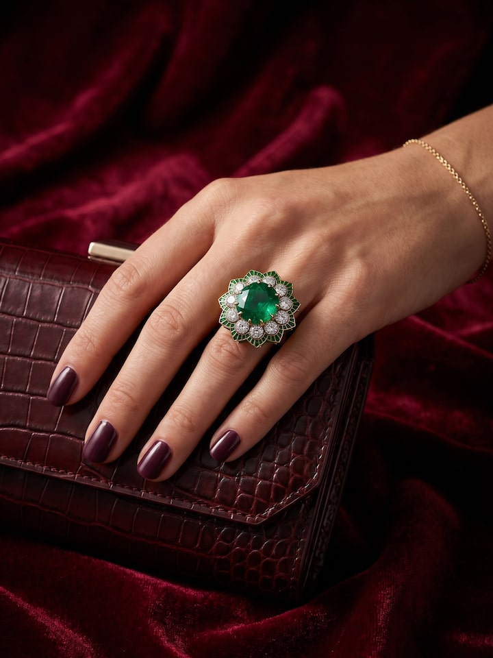 Styled view of Open Setting 18 Karat Yellow Gold Ring with Diamonds and Emeralds worn on the finger, showing how it looks styled