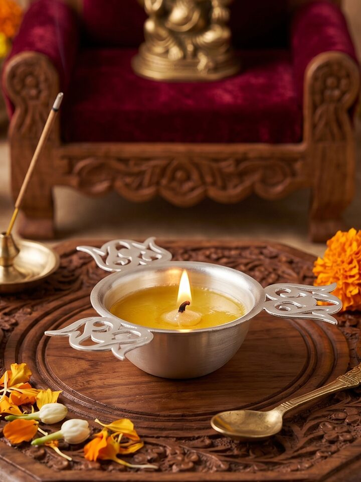 Left-side view of the Silver Cut Work Diya
