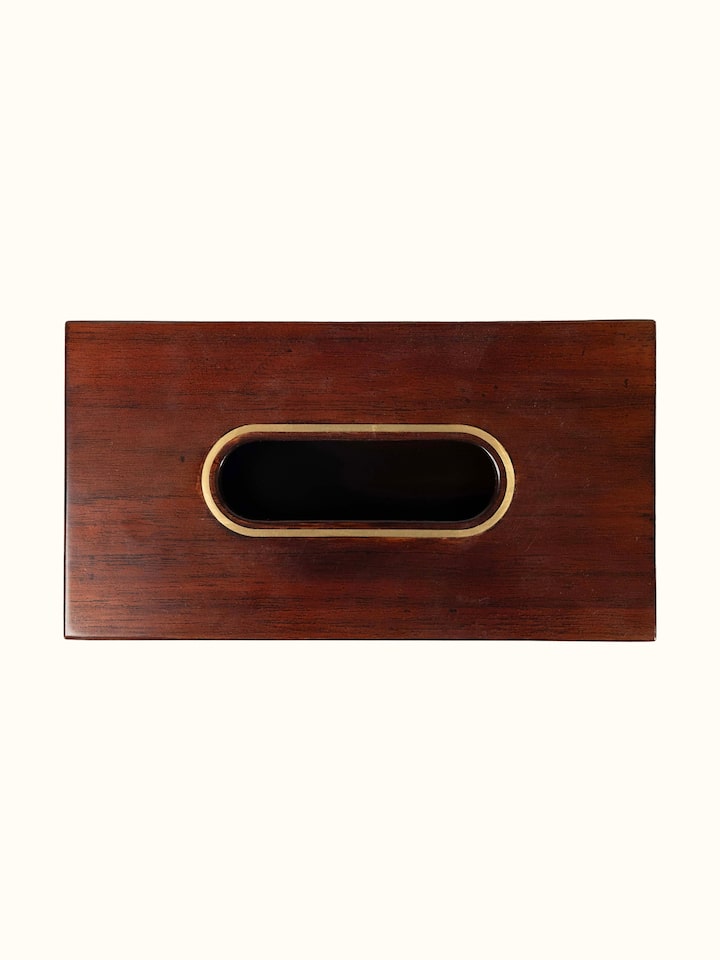 Detail view of Kamal Tarkashi teak wood rectangular tissue box showing the oval tissue opening on top