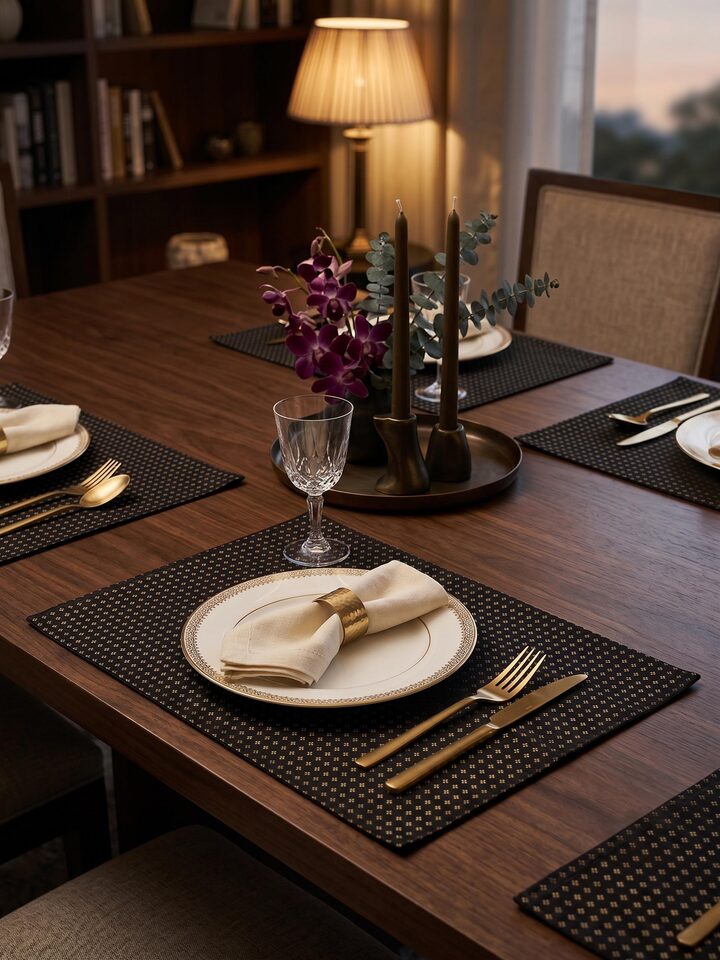 Front view of the Swadesh Ibhan Black Silk Banarasi Brocade Handloom Table Mats (6pcs)