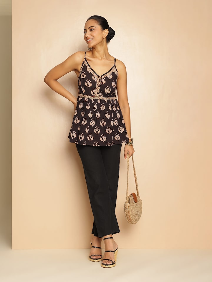 Black cotton Bagru block printed camisole top angled view highlighting fabric drape and print clarity