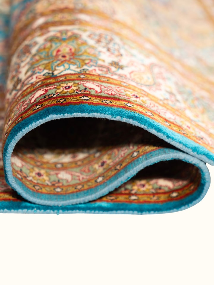Traditional Persian Blue Kashan Kashmir Silk Hand-Knotted Carpet