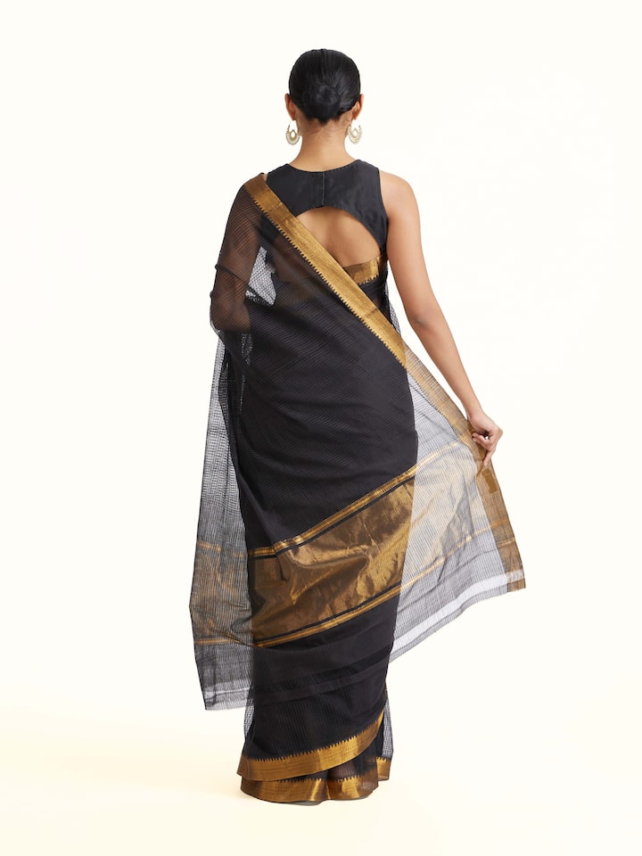 Back view of Black Cotton Blend Mangalgiri Saree emphasizing the overall design and fine details