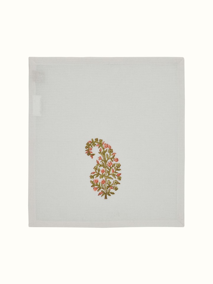 Close-up of Ambi buta peach floral cotton Sanganeri block printed face towels (4 pcs) emphasizing intricate floral design
