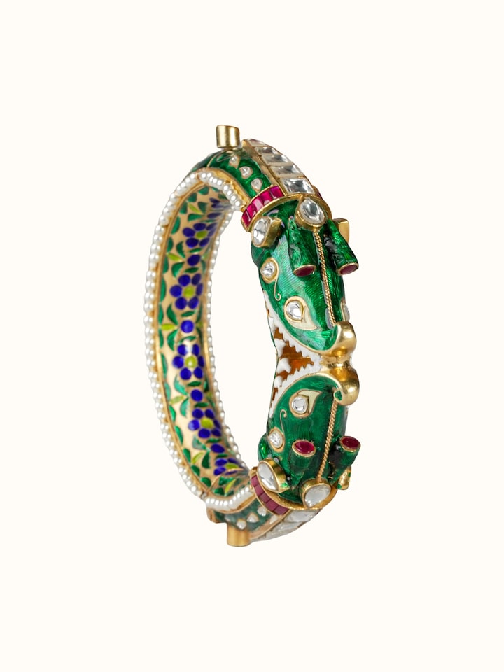 Front view of Meenakari Silver Bangle showing the complete piece and design