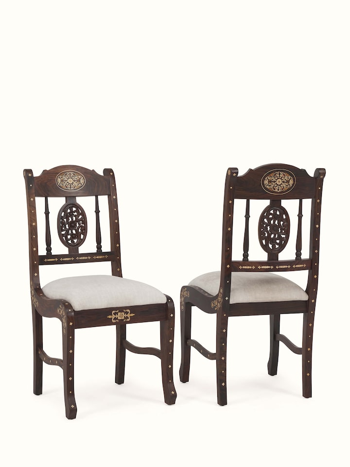 front view of upholstered rosewood inlay dining chair with cushioned seat