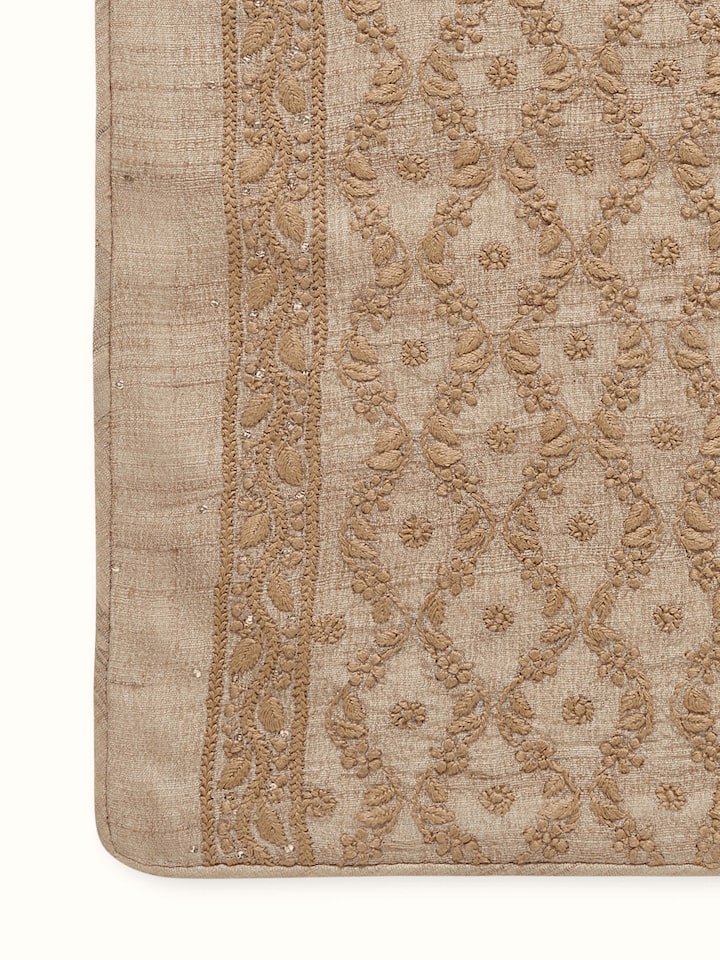 Pragya Beige Ogee Tussar Silk Chikankari Hand Embroidered Table Runner