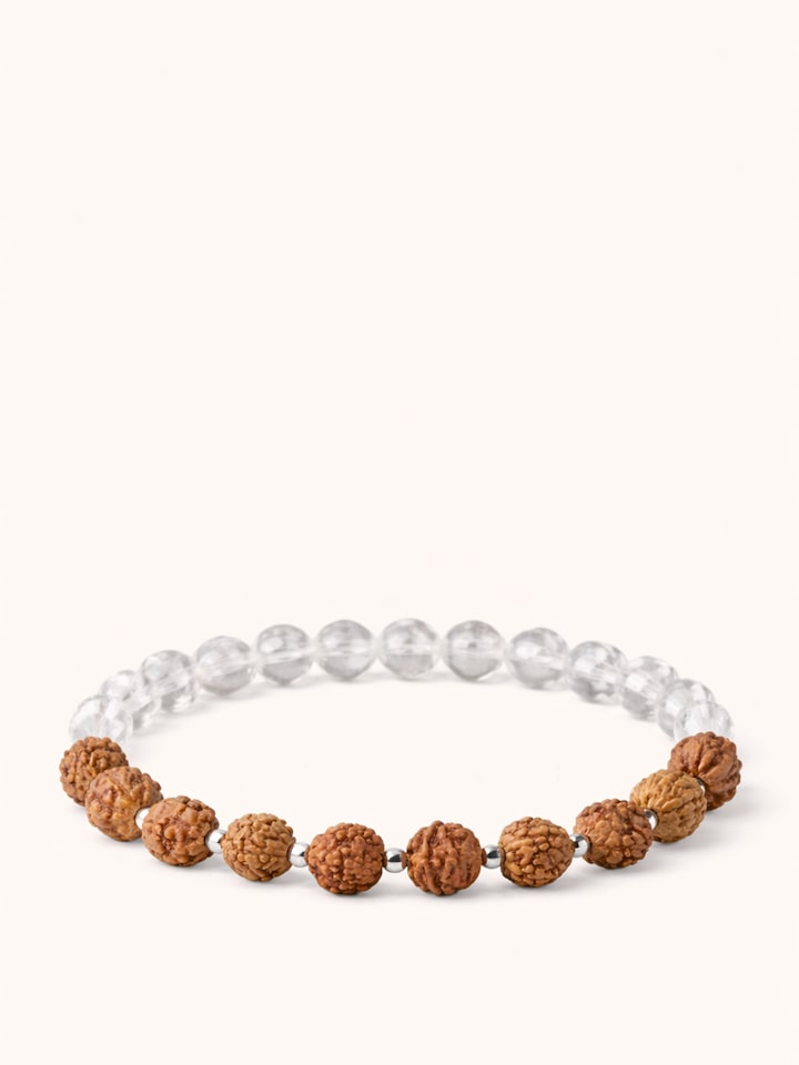 Top view of the Gemstone Rudraksha & Sphatik Crystal Silver Bracelet