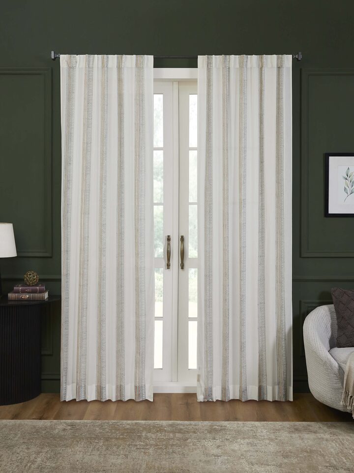 Sanganeri hand block print grey block stripe sheer curtain 9 ft, lifestyle view
