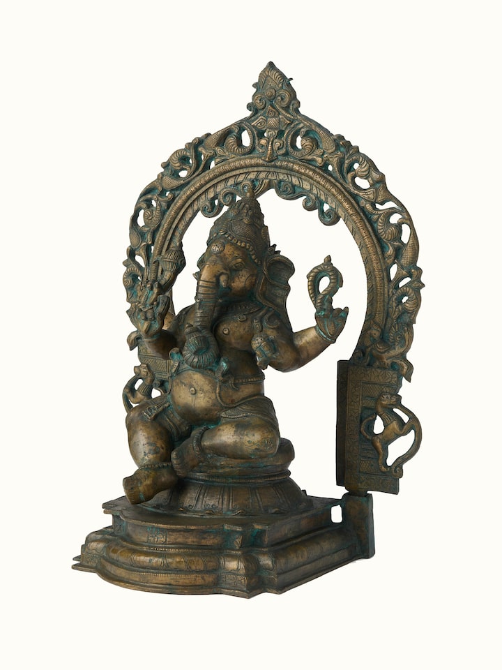 Angled view of the Bronze Sitting Ganesha Prabhavali Idol