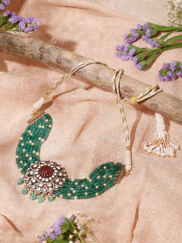 Dank Polki silver choker necklace worn on neck – Swadesh
