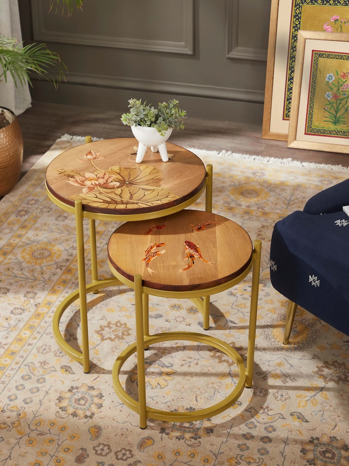 Lifestyle view of Aluminium Marquetry Nesting Table