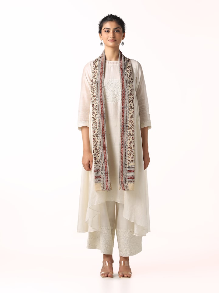 front view of beige cotton bagru block printed stole with traditional print