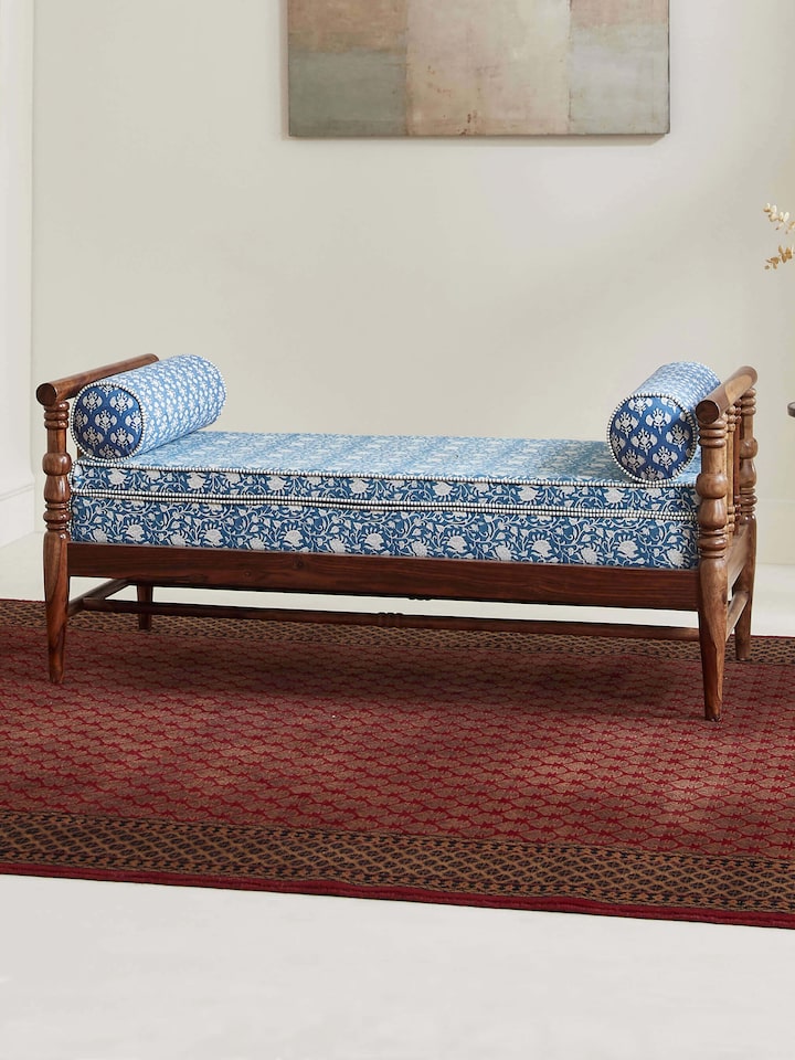 Side view of Sheesham wood Sanganeri block print bench highlighting elegant design