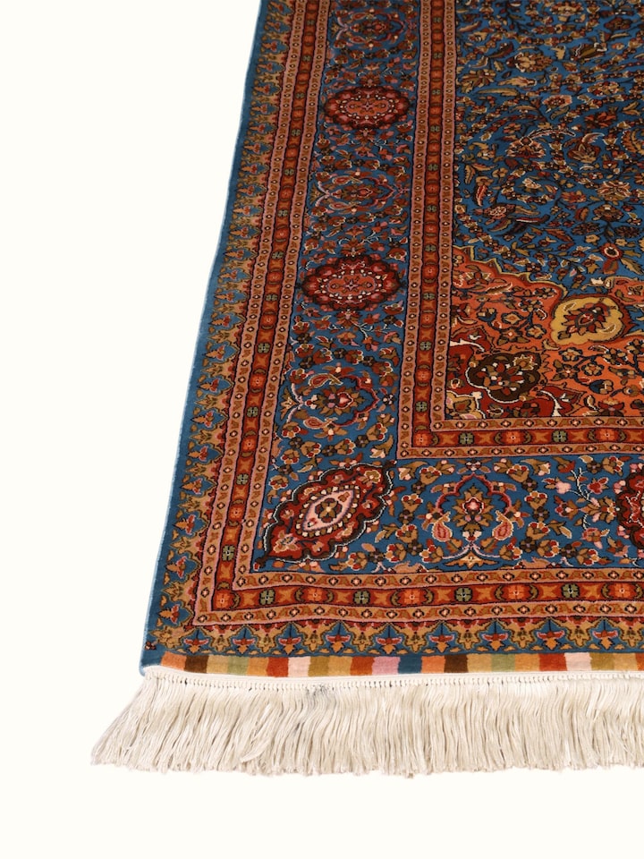 Top view of the Traditional Persian Azure Rust Isfahan Kashmir Silk Hand-Knotted Carpet