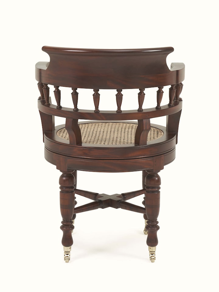 Back view of Mahogany wood and cane study chair showcasing vertical slats and natural cane panel