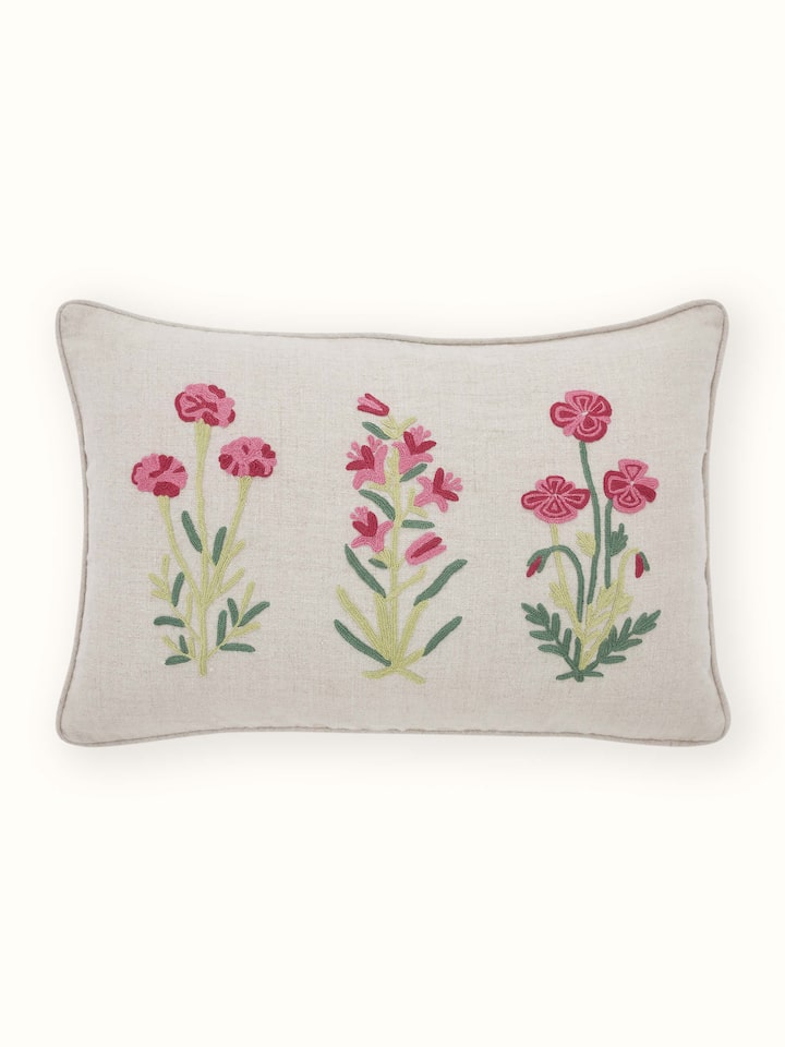 Mughal Miniature Magenta Buta Linen Kashmir Chain Stitch Hand Embroidery Cushion Cover