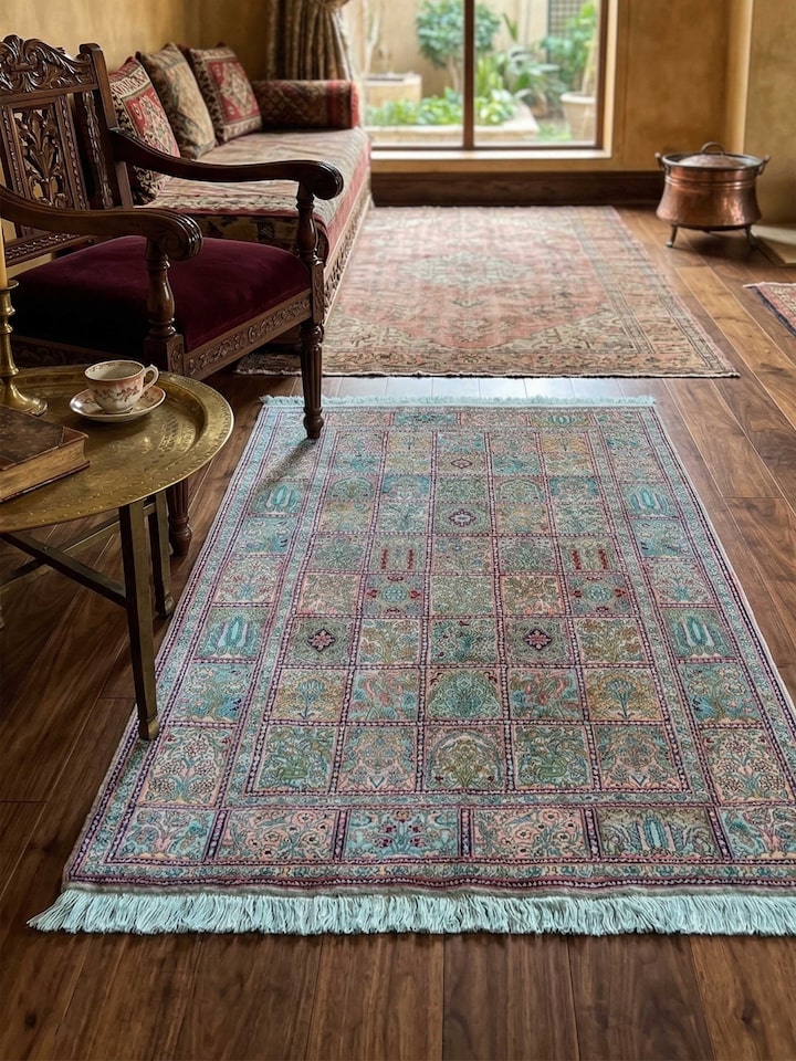 Lifestyle view of the Traditional Persian Rust Dabdar Kashmir Silk Hand-Knotted Carpet