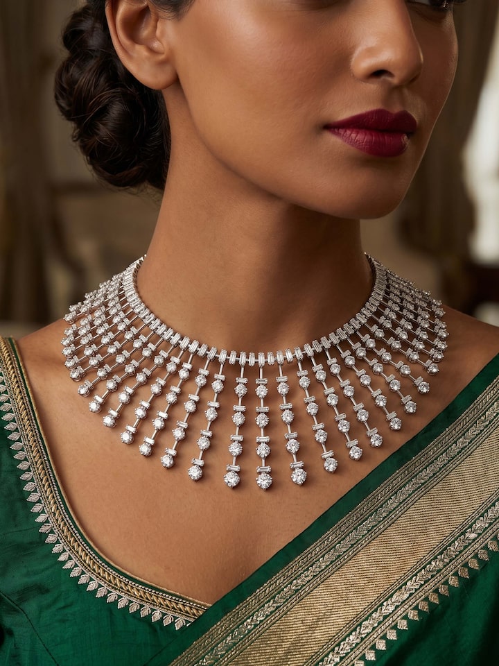 Styled view of Open Setting 14 Karat White Gold and Diamond Collar Necklace worn around the neck, showing how it looks styled