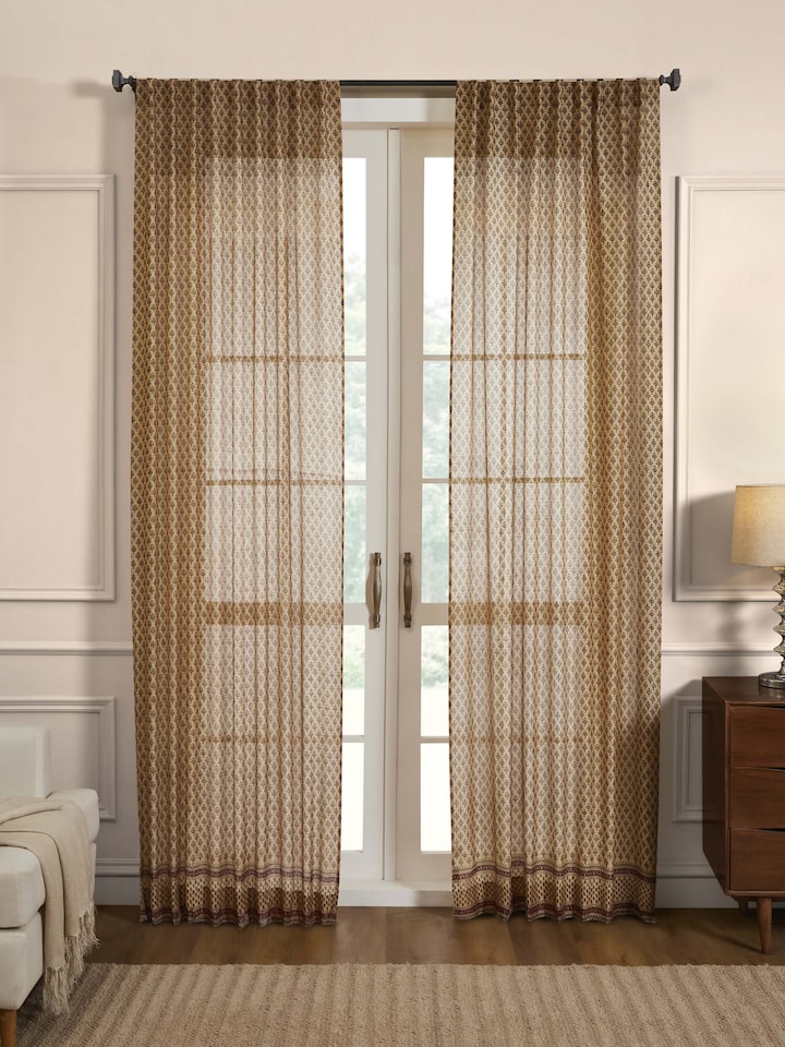 Vasudha Rust Buti Silk Cotton Bagru Hand Block Print Sheer Curtain (9 Ft)