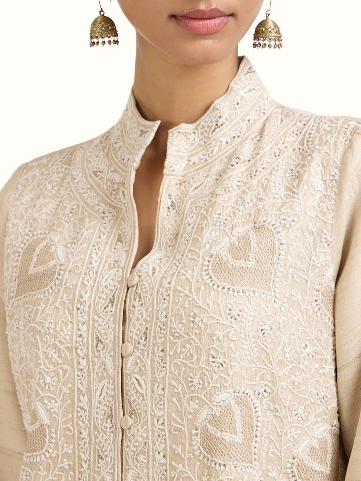 Detail view of the Beige Tussar Silk Chikankari Jacket Style Kurta