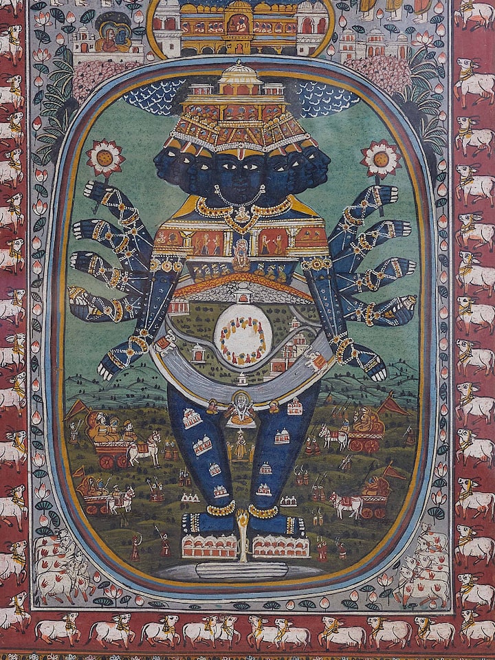 Detailed view of Pichwai Vishnu Ji Swaroop Painting focusing on the intricate patterns and textures.
