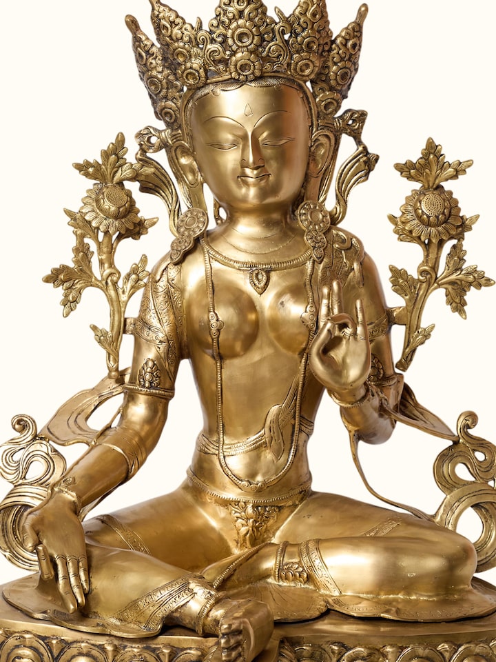 Detail view of the Brass Green Tara Sitting Idol