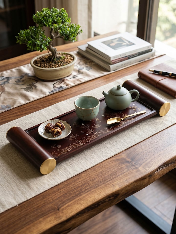 Styled view of Kamal Tarkashi Teak Wood Tray Medium styled in a home setting
