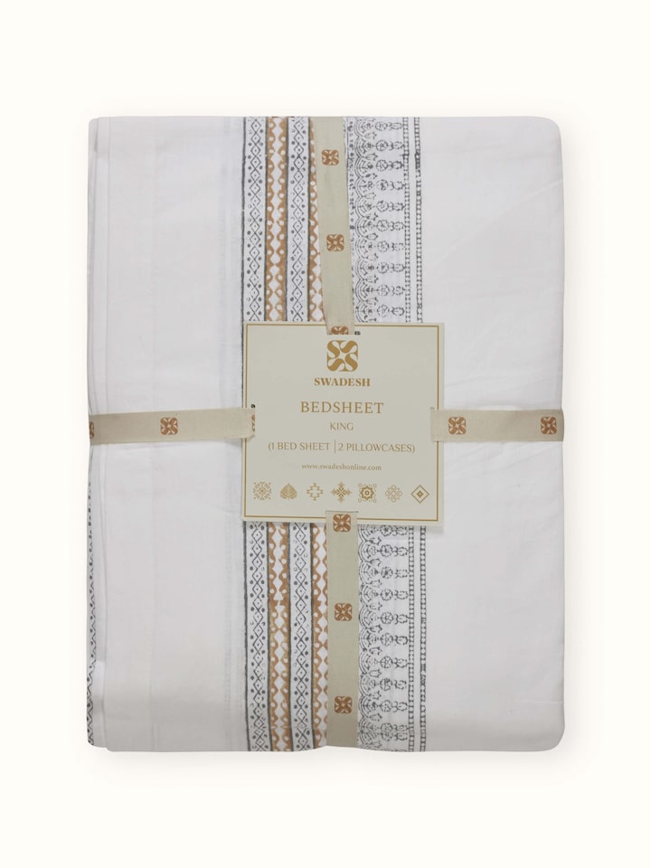 Orion Cotton Sanganeri Hand Block Print Stripe King-size Bedsheet Set