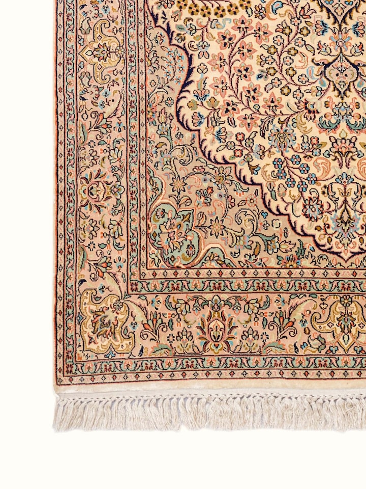 Close-up of the Traditional Persian Ivory Pink Kashan Kashmir Silk Hand-Knotted Carpet