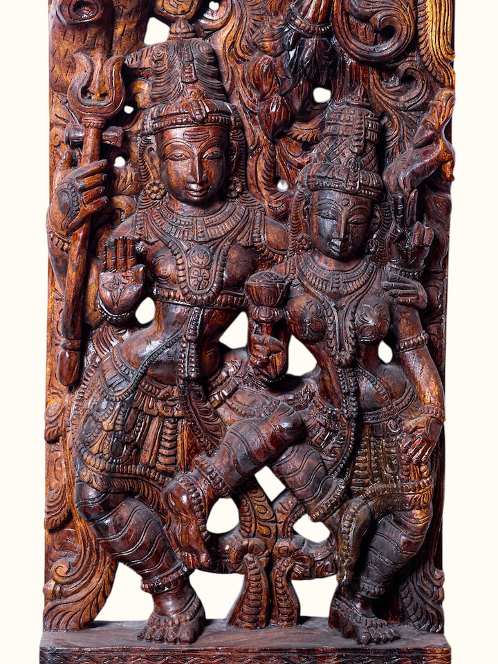 Rear detail view of the Wood Carved Shiva Parvati Idol