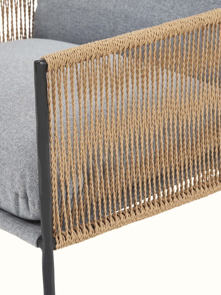 Back view of Upholstered Metal Paper Cord Weave Armchair, emphasizing the ergonomic backrest and sleek frame design.