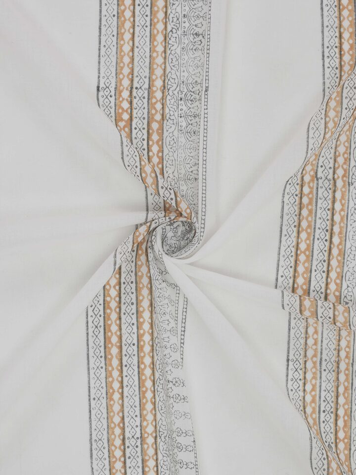 Sanganeri hand block print grey block stripe sheer curtain 9 ft, close-up of texture