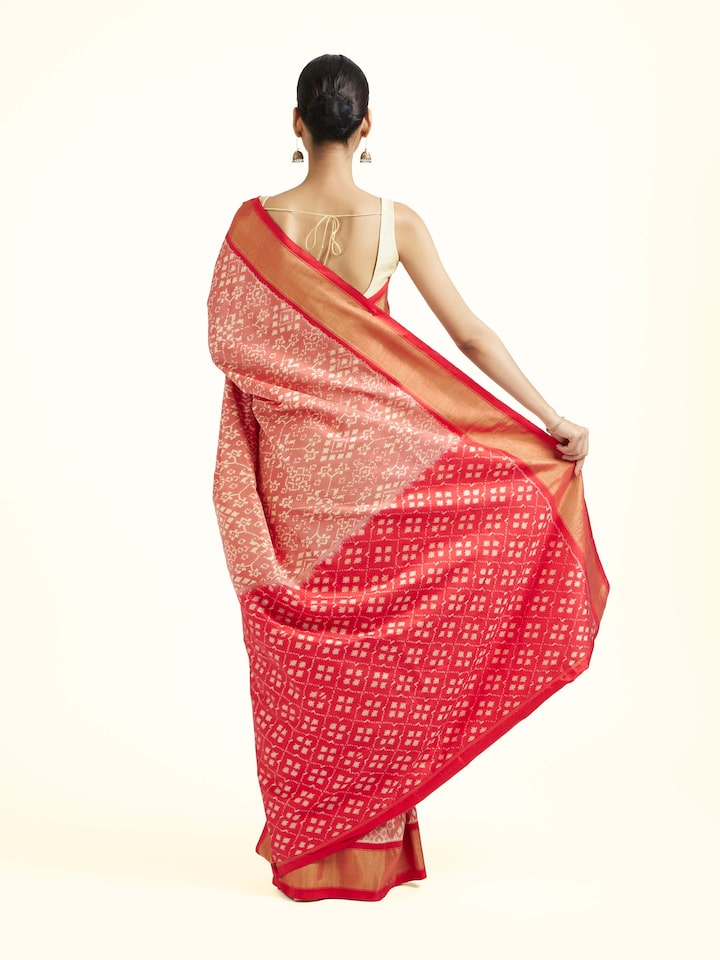 Back view of the Red Mulberry Silk Pochampally Ikat Handloom Saree