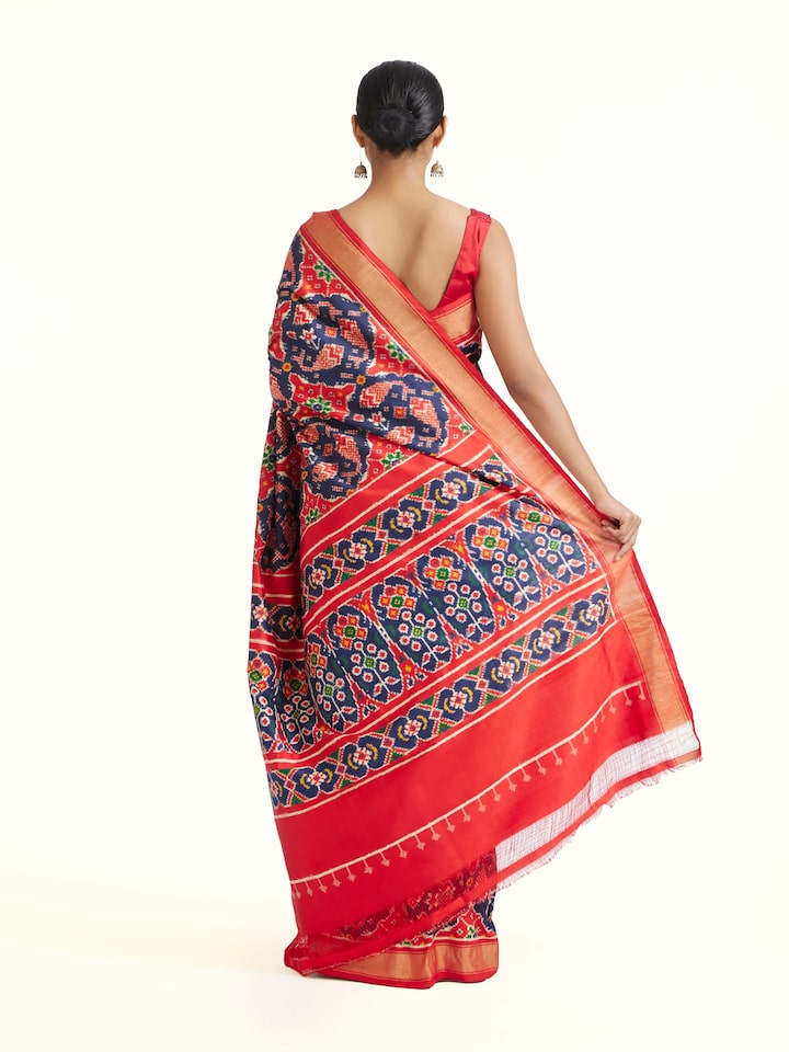 Back view of Navy Double Ikat Silk Saree emphasizing the overall design and fine details