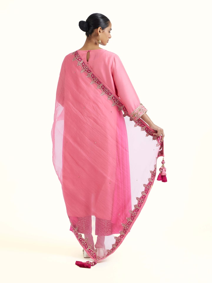 Back view of Pink Zardozi Silk Kurta Set (3 Pcs) emphasizing the overall design and fine details