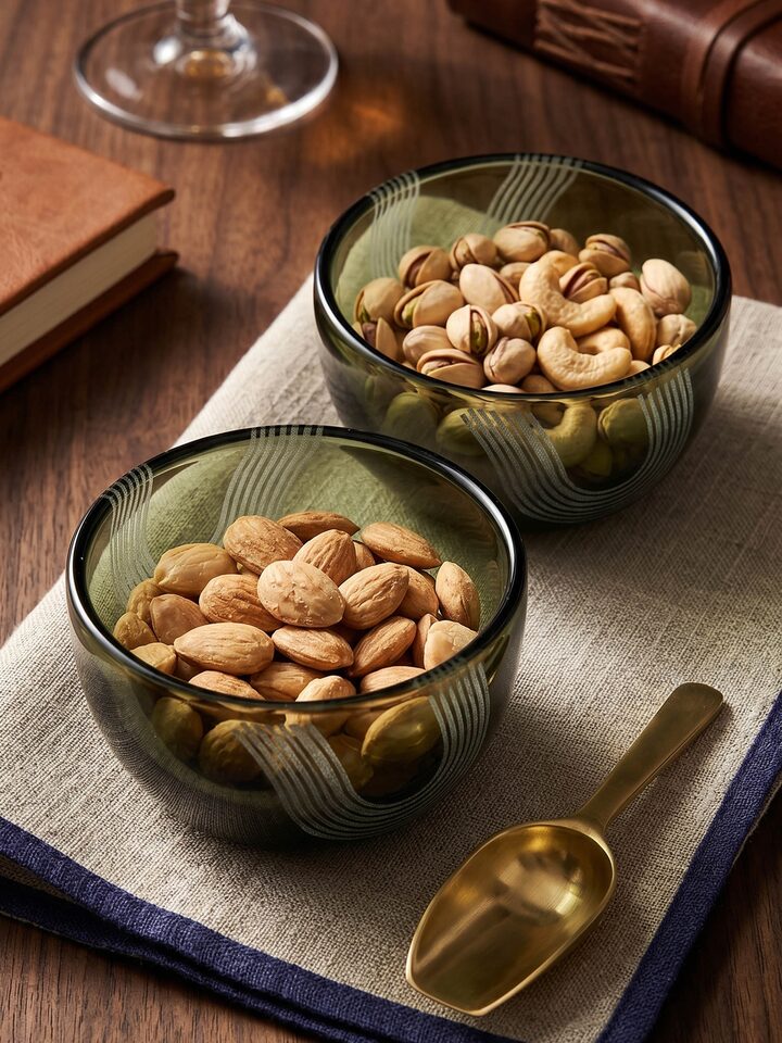 Left-side view of the Firozabadi Glass Nut Bowls Green (2 Pcs)