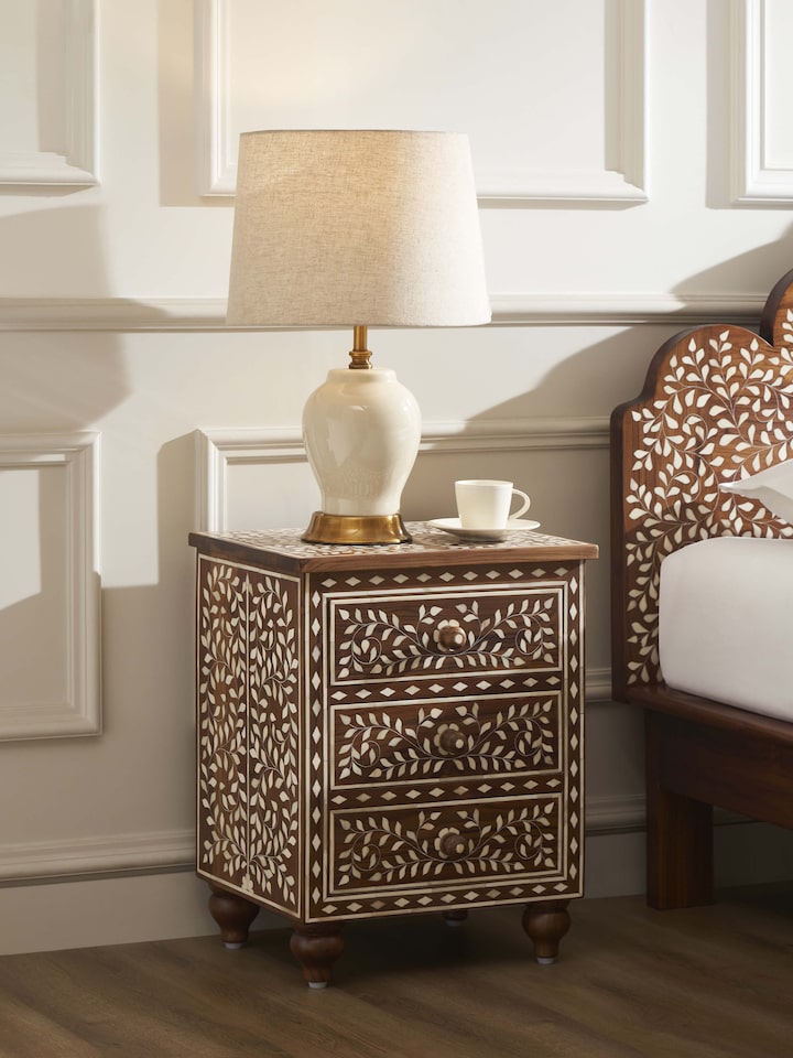 Lifestyle view of Teak Wood Inlay Bedside Table
