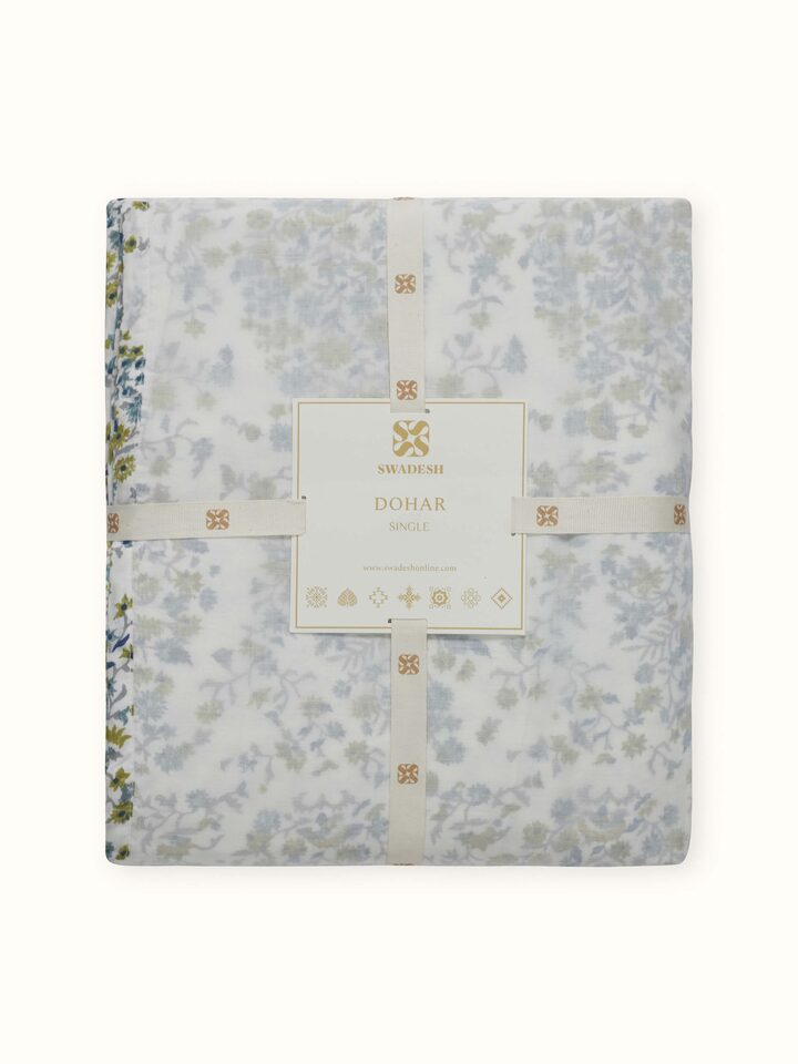 Back view of single blue paisley cotton dohar with clean finishing and soft texture.