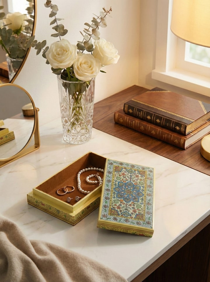 Styled view of Papier Paper Pulp Trinket Box styled in a home setting