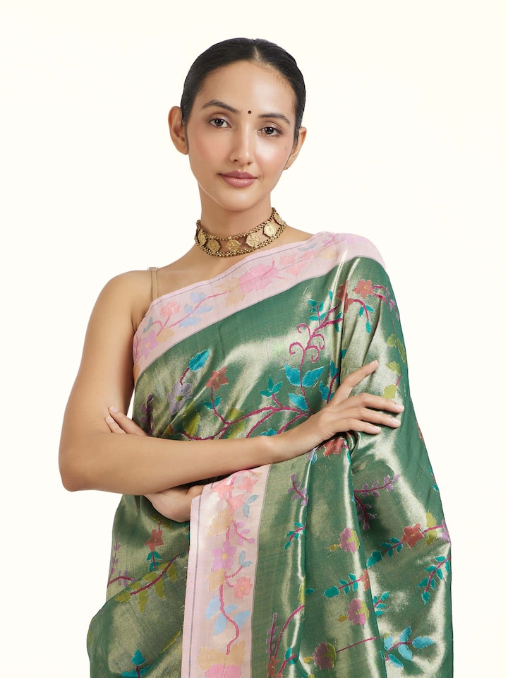 Angled view of the Green Mulberry Silk Paithani Handloom Saree