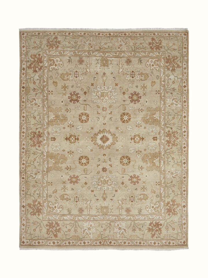 Full view of Oushak Traditional Beige Brown Jaipur Wool Hand-Knotted Rug, featuring intricate patterns and a warm color palette.