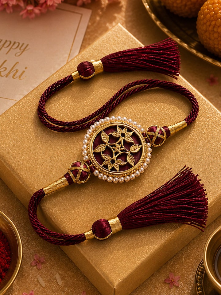 Styled view of Thewa Rakhi displayed, showing how it looks styled, from a different angle