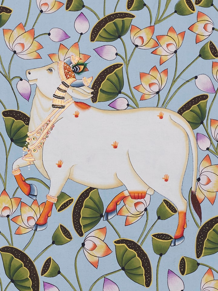 Close-up detail of the Kamal Talai Cow Pichwai Painting