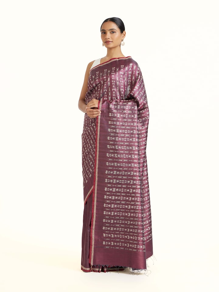 Side view of Purple Tussar Silk Odisha Ikat Saree highlighting the detailed craftsmanship and elegant silhouette