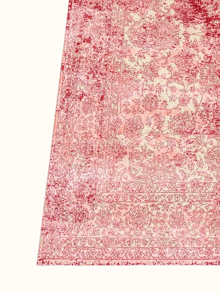 Close-up view of Transitional Persian Pink Bhadohi Wool & Bamboo Silk Hand Knotted Rug highlighting the hand-knotted weave and motif detail