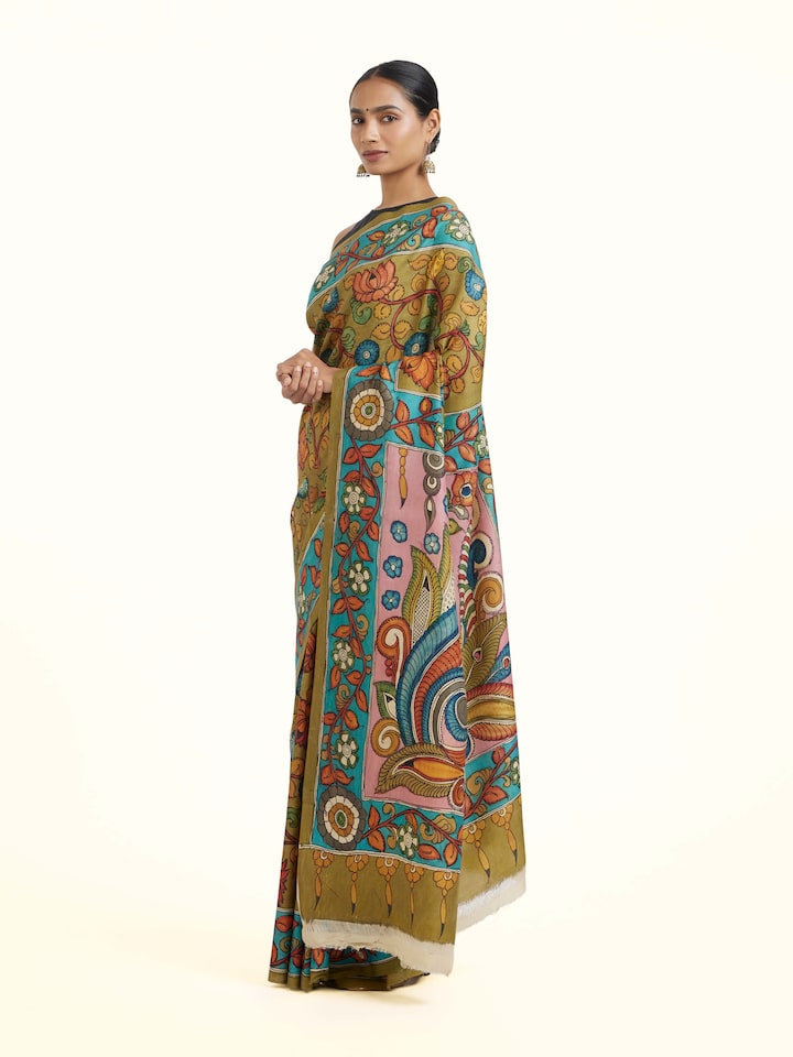 side view of kalamkari mulberry silk saree drape