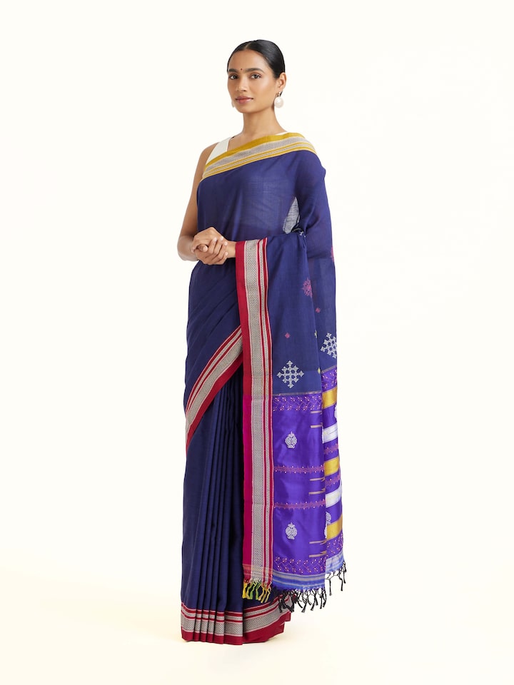 Side view of Blue Cotton Silk Kasuti Embroidered Saree highlighting the detailed craftsmanship and elegant silhouette