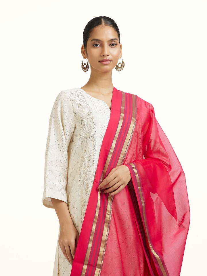Angled view of the Red Cotton Silk Maheshwari Zari Border Dupatta