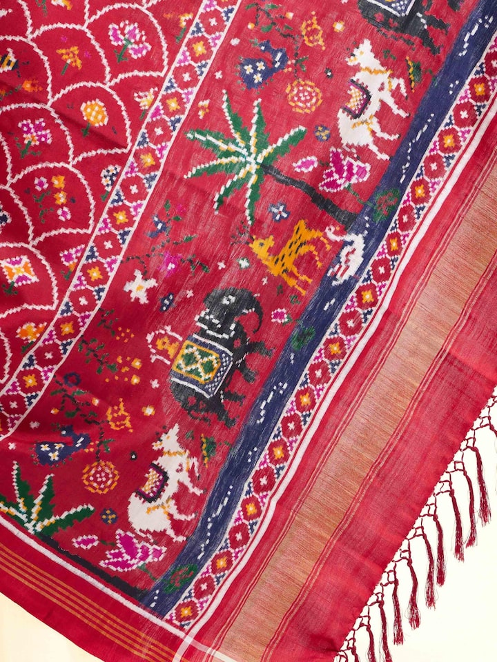 Detailed view of Patan Patola Handloom Silk Dupatta focusing on the fine craftsmanship and texture